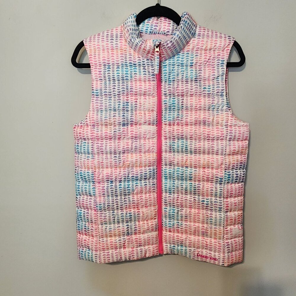Lands End XL Girls PrimaLoft Down Vest Multicolor Patterned Zip-Up pockets